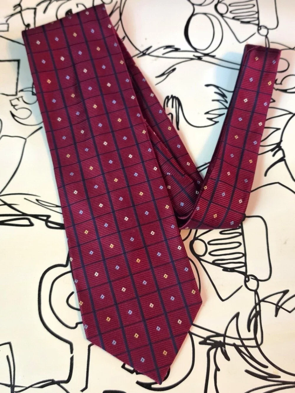 Jos A Bank Tie Mens Red Blue Grid Geometric Diamond Silk Classic Necktie 59